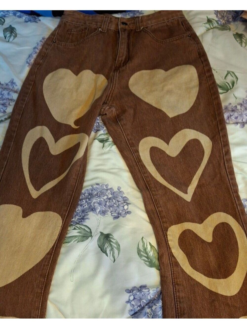 Brown Denim Jeans with Large Beige Heart Prints - Fun and Flirty!